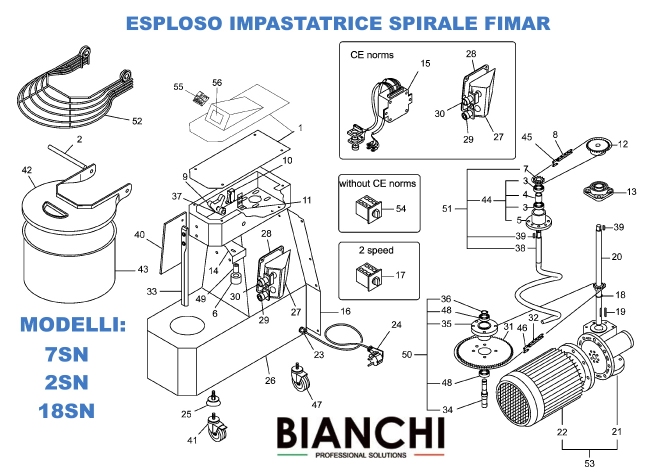 Esploso ricambi per Impastatrici a spirale Fimar 7SN - 12SN - 18SN